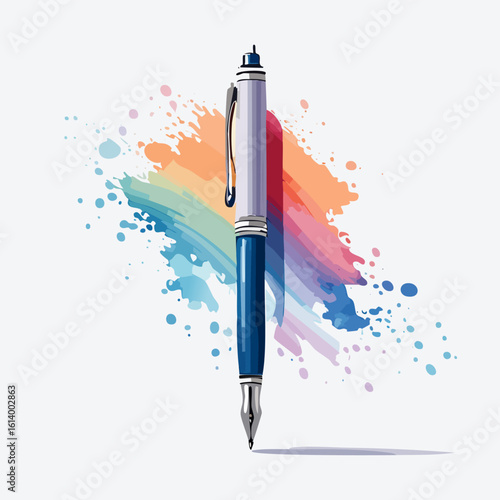 Elegant blue and silver fountain pen with a metallic clip, illustrated in a modern artistic style.