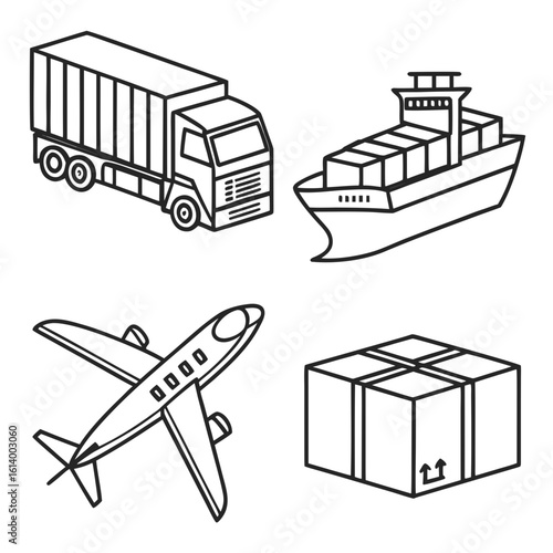 Global Logistics Transportation Icons Truck Ship Airplane Package.
