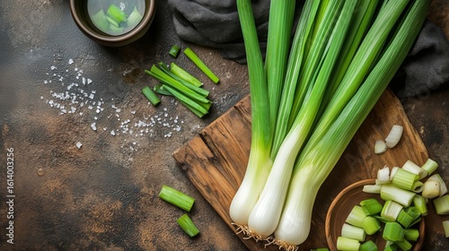 Fresh Green Onions Arranged on a Wooden Cutting Board With Chopped Pieces Nea...