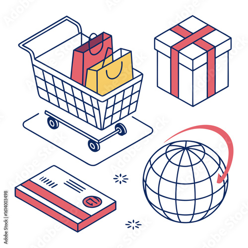 Isometric Shopping Cart with Global Commerce Elements.