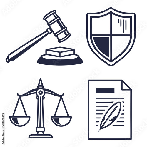 Legal Icons Gavel Scales Shield and Document.
