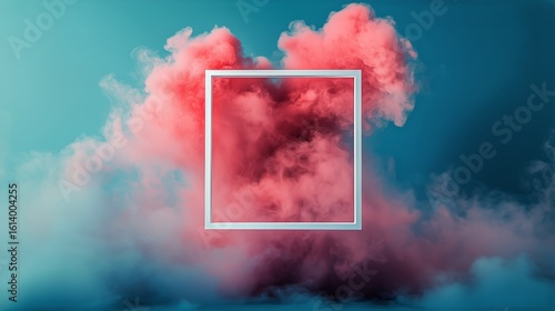 Vibrant Colored Smoke Cloud With a Square Frame in a Surreal Setting.