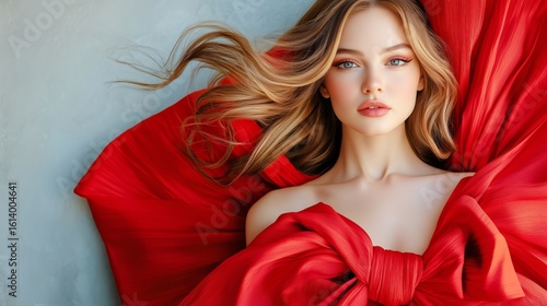 Elegant Model in Red Fabric Drapes Posing Gracefully for Fashion Photography.