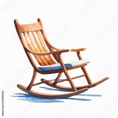 Light brown wooden rocking chair with a slatted back, armrests, and a blue seat cushion.