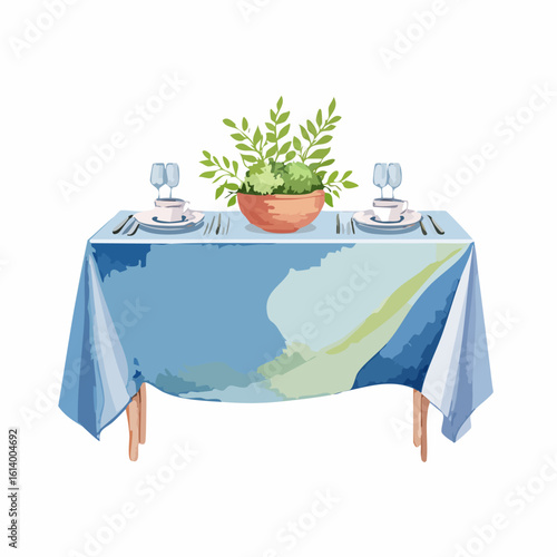 Elegant dining table set for two with a blue watercolor tablecloth and a terracotta plant centerpiece.