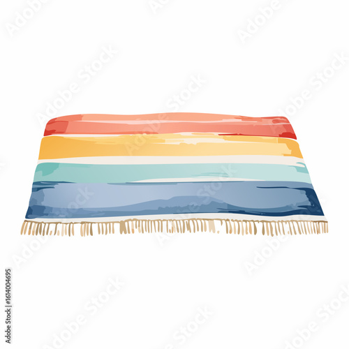 Colorful striped bohemian rug with fringe, painted in a watercolor style.