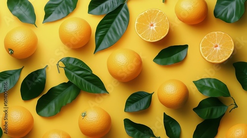 Fresh Oranges Arranged With Green Leaves on Bright Yellow Background for Vibr...