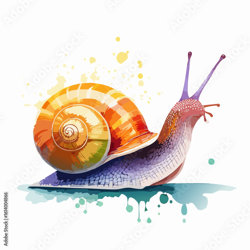 Vibrant watercolor snail with a striped orange spiral shell and textured purple body.