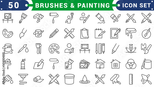 Brushes and Painting icon set. Related to Spray, Color palette, Paint Bucket and more. Collection and pack of linear web and ui icons. Editable stroke.