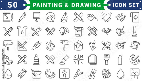 Painting and drawing icon set. Containing paint, artwork, paintbrush, artist, museum, painter, art gallery, paint stroke and more. Solid vector icons collection.