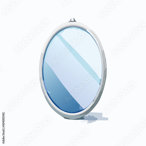 A stylized illustration of a round wall mirror with a simple white frame and a clean, reflective blue surface.