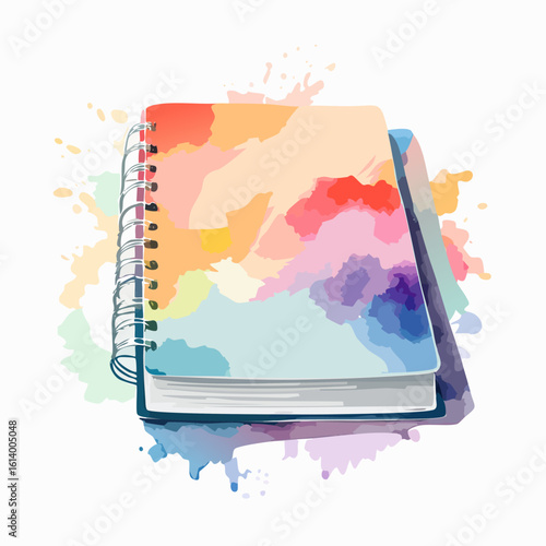 Artistic spiral notebook with a vibrant, abstract watercolor splash cover design.