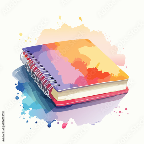 Vibrant spiral notebook with a colorful watercolor paint splatter cover and red back.