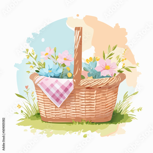 Charming woven picnic basket with pastel flowers and a pink gingham napkin, watercolor style illustration.
