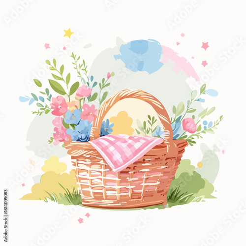 Charming wicker picnic basket with a pink gingham cloth, overflowing with colorful pastel flowers in a whimsical watercolor style.