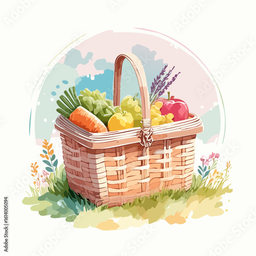 Charming watercolor illustration of a woven picnic basket overflowing with fresh fruits, vegetables, and lavender.