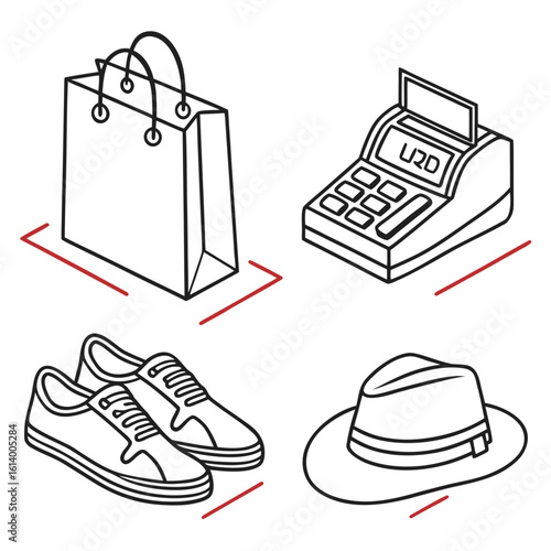 Shopping Bag Cash Register Sneakers and Hat Icons.