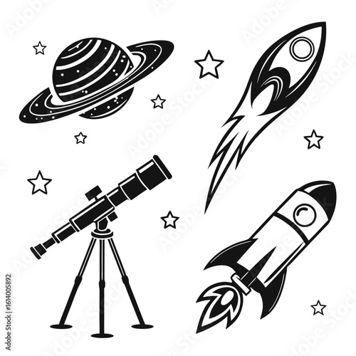 Space Exploration Icons Planet Rockets Telescope Stars.