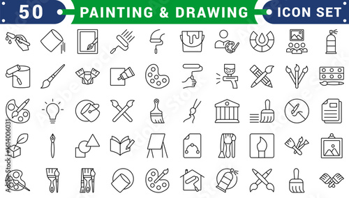 Painting and drawing icon set. Containing paint, artwork, paintbrush, artist, museum, painter, art gallery, paint stroke and more. Solid vector icons collection.