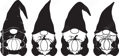 Four halloween gnomes with pumpkins silhouette