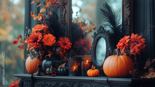 Elegant Autumn Decor With Pumpkins and Autumn Flowers in a Vintage Setting
