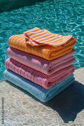 Colorful Towels Stacked Near a Shimmering Pool on a Sunny Day in a Resort Set...