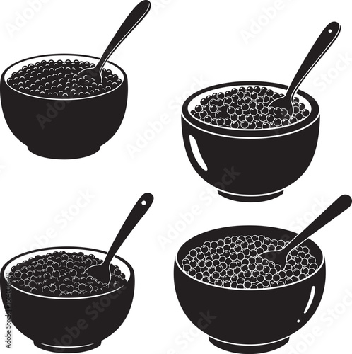 Four bowls of cereal with spoons silhouette