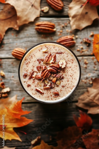 Creamy Nut Beverage With Pecans and Autumn Leaves on Rustic Wooden Table.