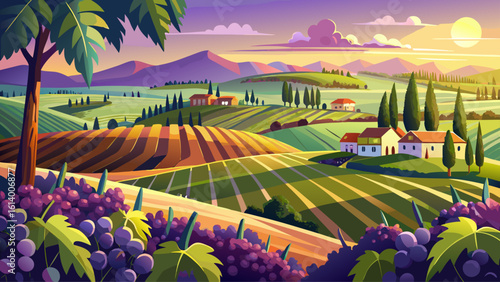 In sunlit vineyards with tiny grape clusters and a scenic view of lush countryside, soft shadows dance between vines. A semi-realistic approach brings warmth, depth, and peaceful beauty to the scene.