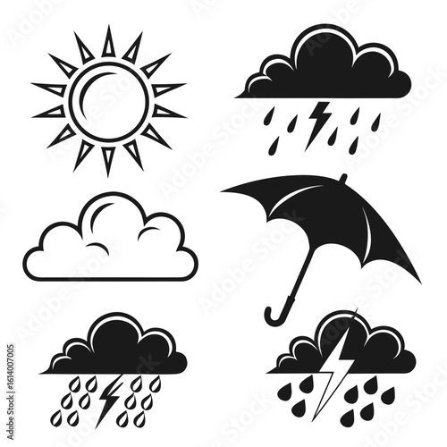 Weather Icons Sun Clouds Rain Lightning and Umbrella.