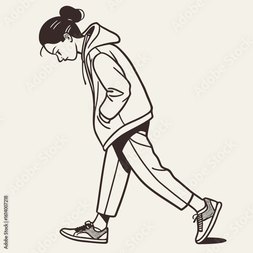 Young Woman Walking with Head Down.