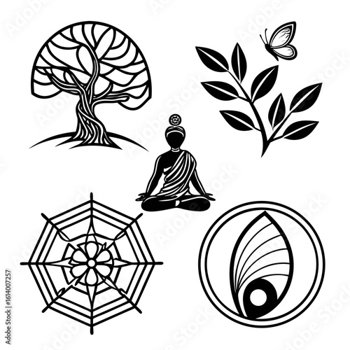 Zen Buddhist Symbols Tree Meditation Butterfly Dharma Wheel Lotus.