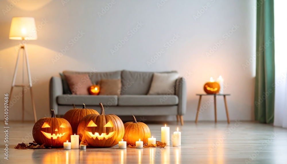 Obraz premium Halloween pumpkins on floor in living room