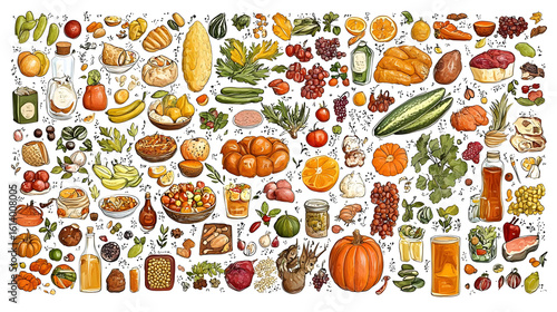 Diverse array of food items, hand-drawn style, featuring various fruits, vegetables, grains, meats, and beverages.  Detailed illustrations of different types of produce and cooked foods