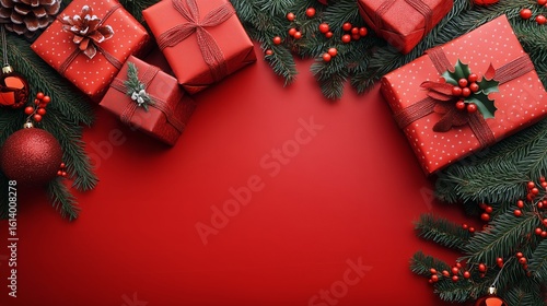 Gift Preparation and Decoration for Holiday Celebrations on a Red Background ...
