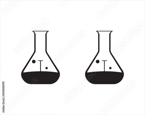 Two black erlenmeyer flasks with fluid and indicators on white background icon