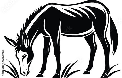 Mule eating grass, grazing animal silhouette, farm livestock line art, rural scene vector, minimal nature illustration