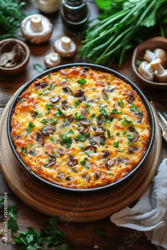 Delicious Mushroom and Cheese Baked Dish on a Wooden Table Surrounded by Fres...