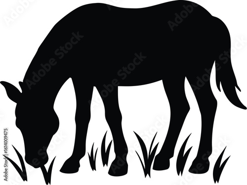 Mule eating grass, grazing animal silhouette, farm livestock line art, rural scene vector, minimal nature illustration