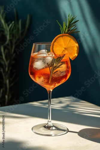 Bright Cocktail With Orange Slice and Rosemary Garnish on a Marble Table in A...