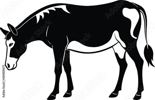Mule eating grass, grazing animal silhouette, farm livestock line art, rural scene vector, minimal nature illustration