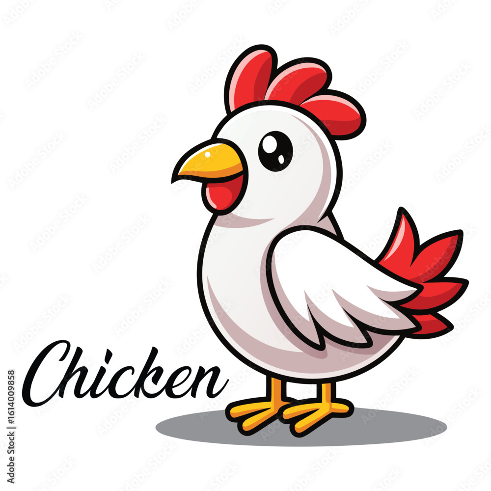 Obraz premium Adorable cartoon chicken with bright eyes and a red comb standing proudly on its yellow feet perfect for farm animal illustrations and children s content
