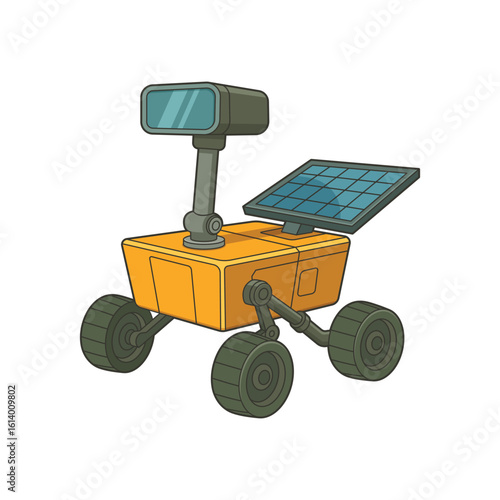 Cartoon illustration of a solar-powered rover for exploring space.