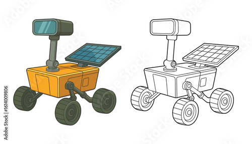 Illustration of a wheeled robot featuring solar panels in color and outline.