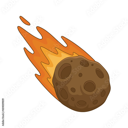 Cartoon asteroid hurtling through space with flames trailing behind it.