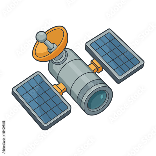 Cartoon image of a satellite with solar panels and a dish antenna.