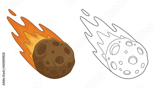 Illustration of a meteor with flames, and a line art version next to it.