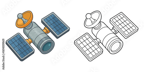 Satellite: Cartoon illustration of a satellite with solar panels and an antenna.