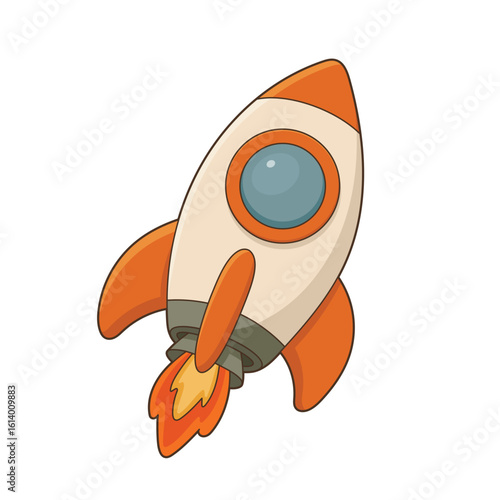 Cartoon Rocket Launching into Space with Flames isolated on White Background
