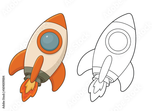 A cartoon spaceship with orange and beige color, ready for space travels.